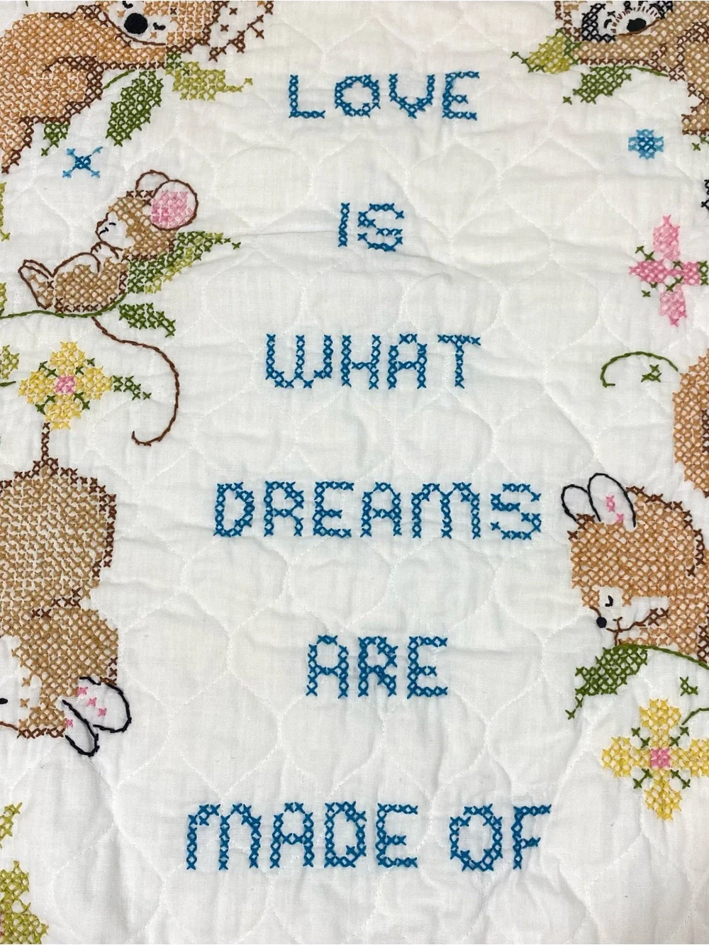Vintage Cross Stitched Baby Quilt Animal Blanket Raccoon Squirrel